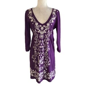 Johnny Was Purple Embroidered Floral Butterfly Long Ruched Sleeve Knit Dress - M